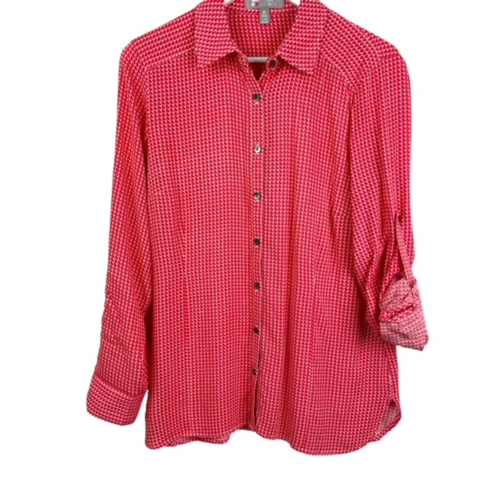 Tina Stephens Womens M Red Geometric Print Roll Tabs Sleeves Button Down Shirt